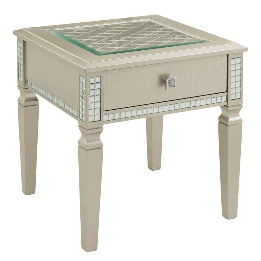 Living Room Furniture * | Starra 24 In. Silver Square Glass Top End Table By Furniture Of America