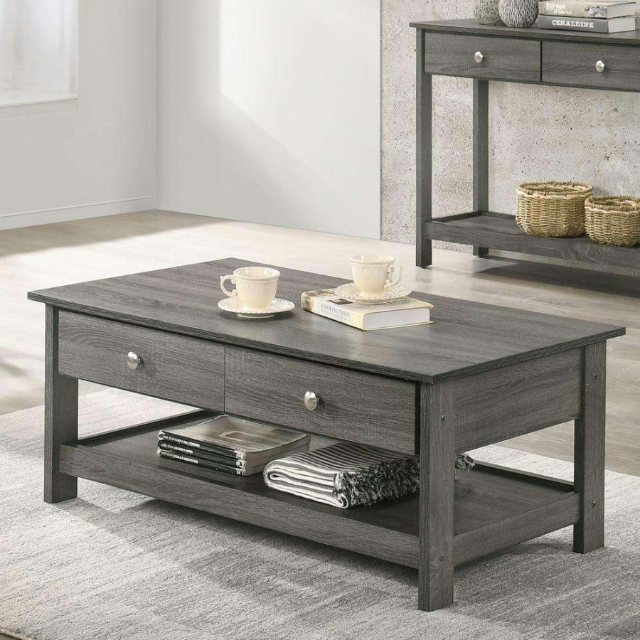 Living Room Furniture * | Mingden 42.38 In. Gray Rectangle Wood Top Coffee Table By Furniture Of America