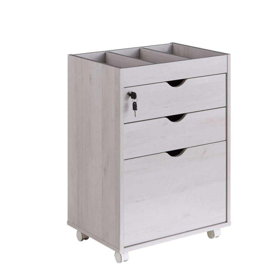 Home Office Furniture * | Sabant White Oak Mobile Decorative Vertical File Cabinet With Locking Drawers By Furniture Of America