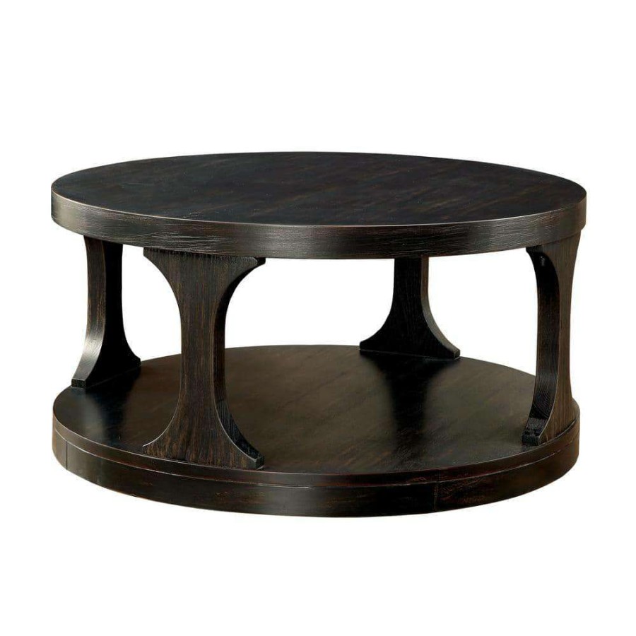 Living Room Furniture * | Tallia 36 In. Black Round Wood Coffee Table With 1-Shelf By Furniture Of America