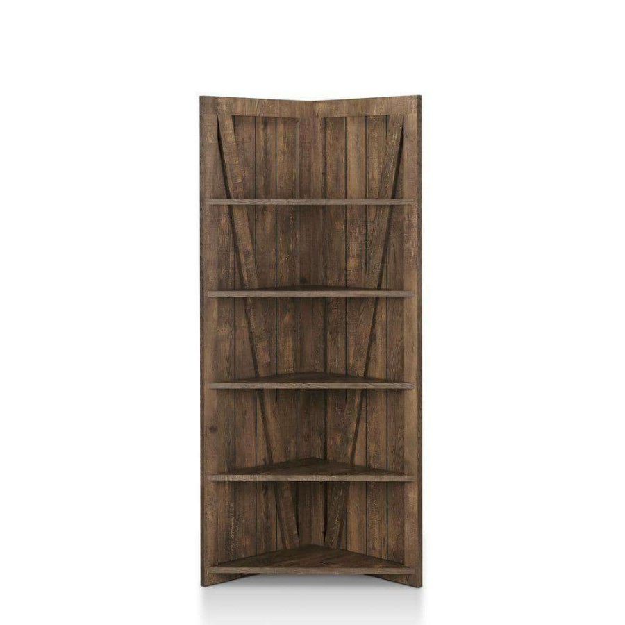 Home Office Furniture * | Helsa Reclaimed Oak 5-Shelf Corner Display Bookcase By Furniture Of America