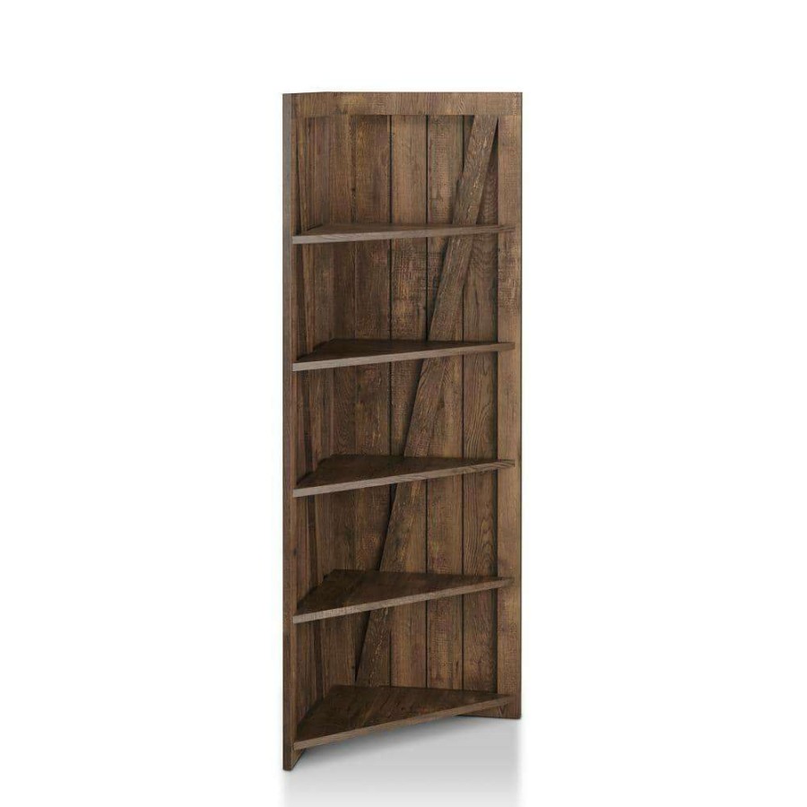 Home Office Furniture * | Helsa Reclaimed Oak 5-Shelf Corner Display Bookcase By Furniture Of America