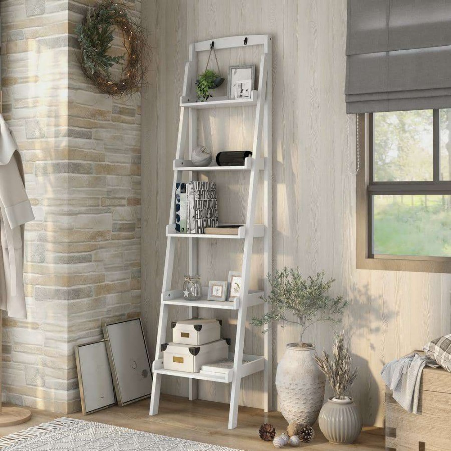 Home Office Furniture * | Nicole 70.87 In. White Wood 5-Shelf Ladder Bookcase With Open Back By Furniture Of America