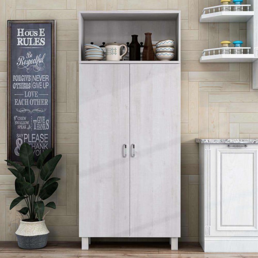 Kitchen & Dining Room Furniture * | Watson White Oak Pantry Cabinet With Double Doors By Furniture Of America