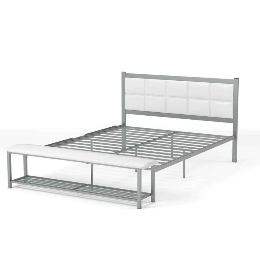 Bedroom Furniture * | Karina White And Silver Queen Metal Platform Bed With Attached Bench By Furniture Of America