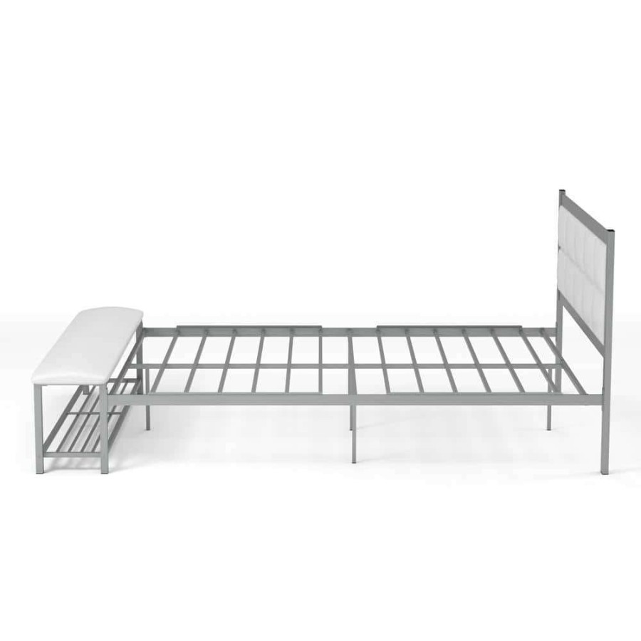 Bedroom Furniture * | Karina White And Silver Queen Metal Platform Bed With Attached Bench By Furniture Of America