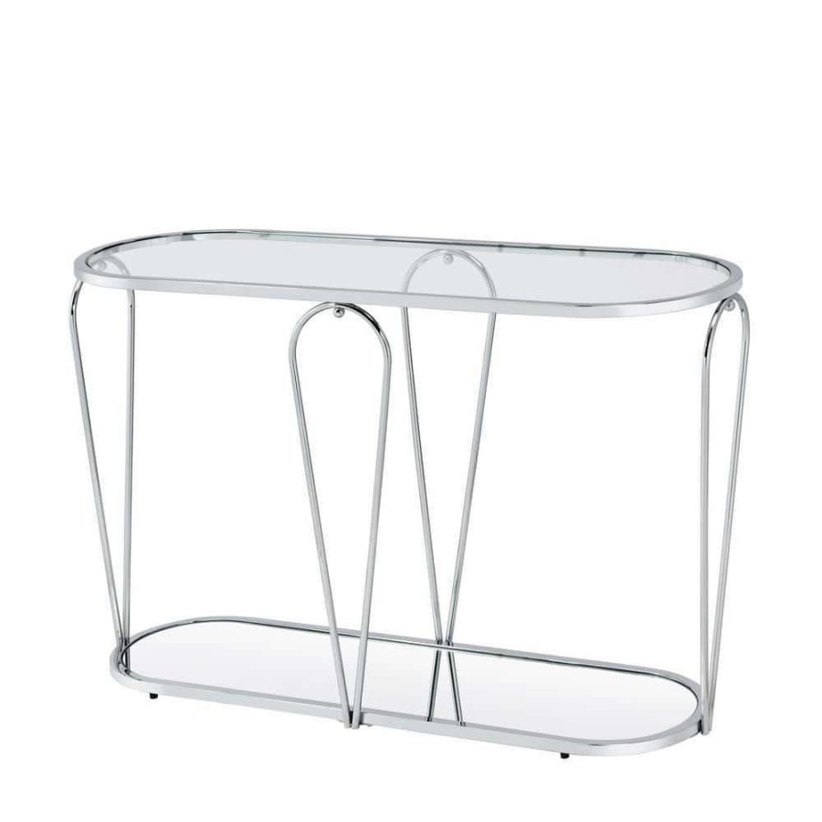 Living Room Furniture * | Orrum 48 In. Chrome Oval Glass Console Table By Furniture Of America