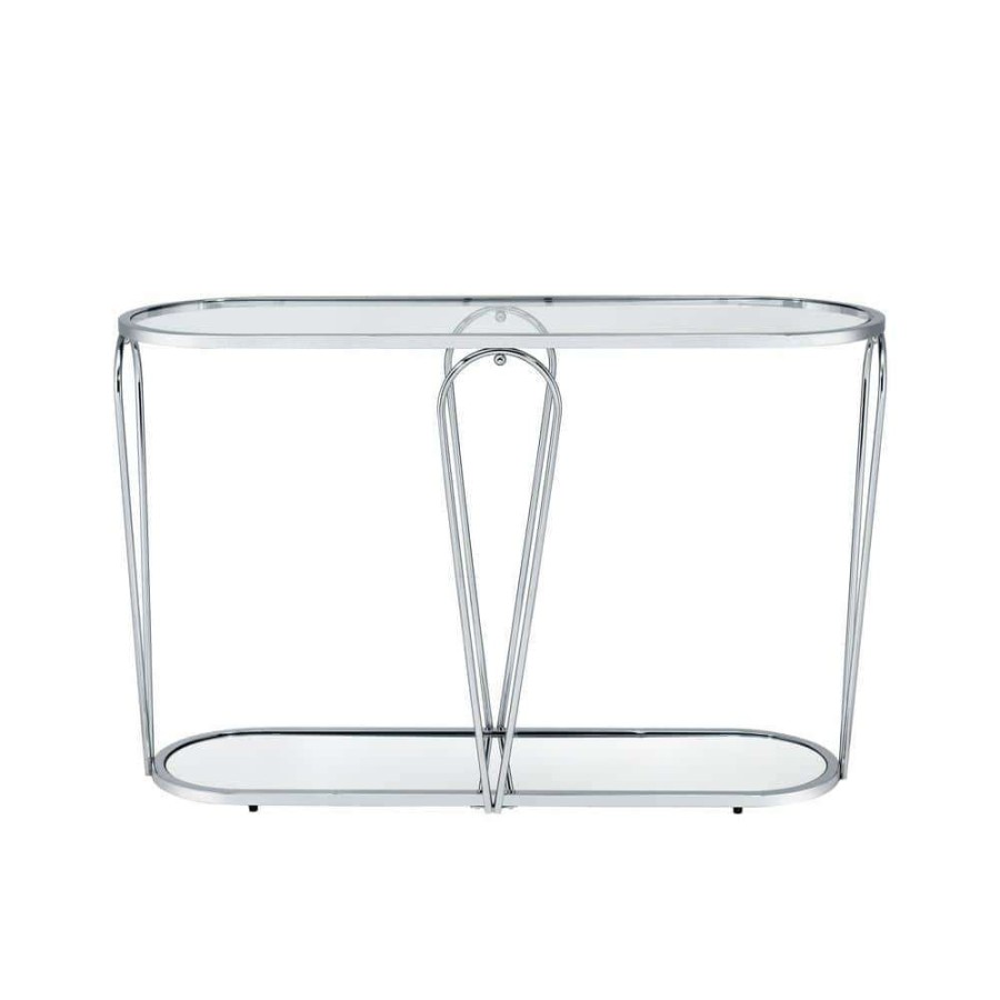 Living Room Furniture * | Orrum 48 In. Chrome Oval Glass Console Table By Furniture Of America