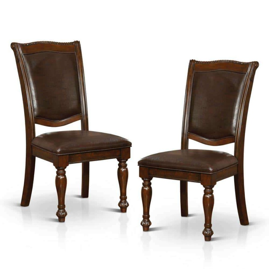 Kitchen & Dining Room Furniture * | Pridore Brown Cherry Faux Leather Padded Dining Side Chair (Set Of 2) By Furniture Of America