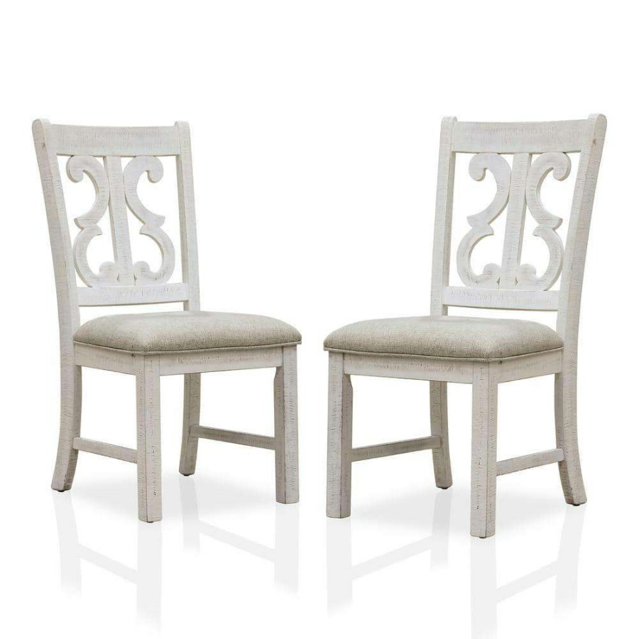 Kitchen & Dining Room Furniture * | Wicks Distressed White And Gray Padded Dining Chair (Set Of 2) By Furniture Of America