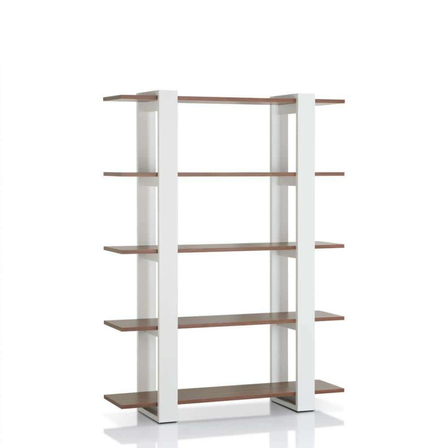 Home Office Furniture * | 62.4 In. White/Walnut Wood 5-Shelf Etagere Bookcase With Open Back By Furniture Of America