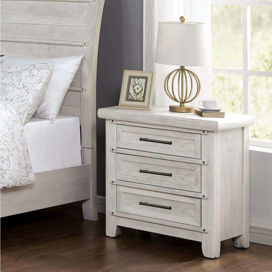 Bedroom Furniture * | Carter Antique White 3-Drawer Nightstand With Usb Plug 28 In. H X 28 In. W X 17 In. D By Furniture Of America