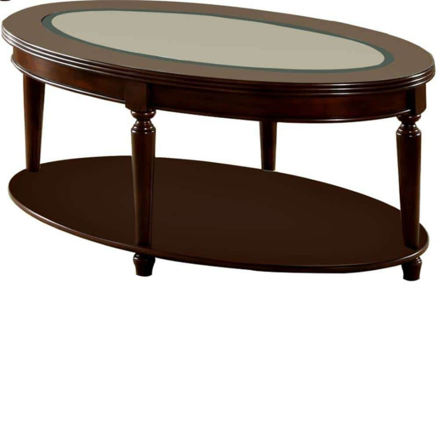 Living Room Furniture * | Granvia 48 In. Dark Cherry Large Oval Glass Coffee Table With Shelf By Furniture Of America