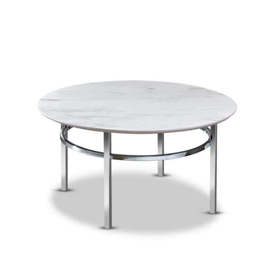 Living Room Furniture * | Mercedes 36 In. White/Chrome Medium Round Faux Marble Coffee Table By Furniture Of America