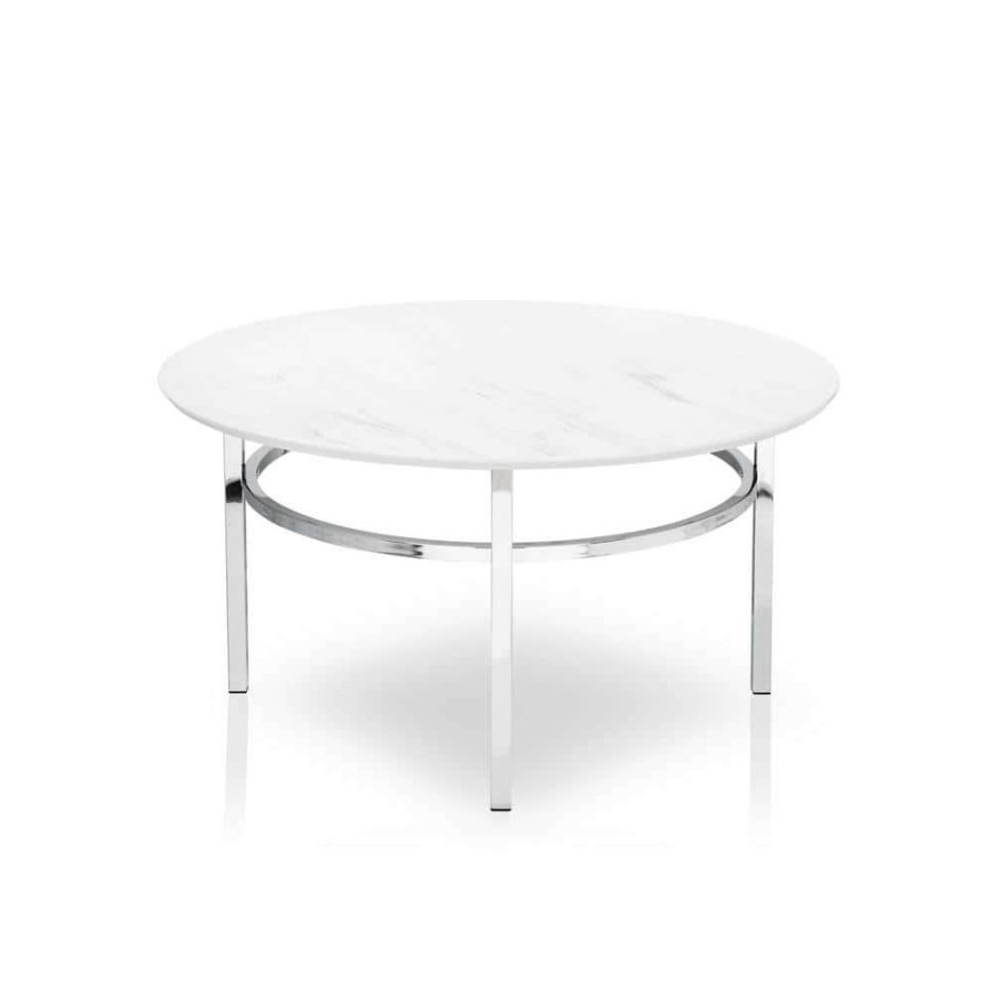 Living Room Furniture * | Mercedes 36 In. White/Chrome Medium Round Faux Marble Coffee Table By Furniture Of America