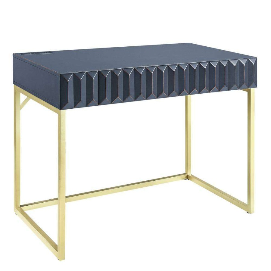 Home Office Furniture * | Gotheimer 42 In. Rectangular Blue And Gold Writing Desk With Usb Port By Furniture Of America