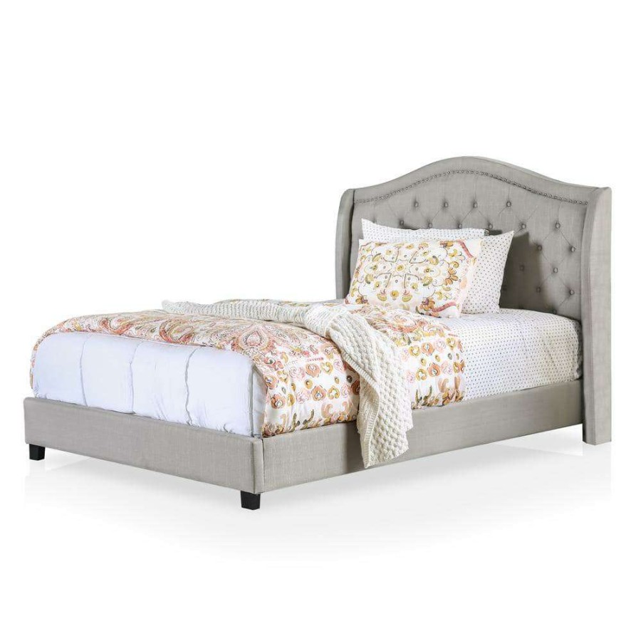 Bedroom Furniture * | Dyevera Warm Gray Fabric Upholstered California King Platform Bed By Furniture Of America