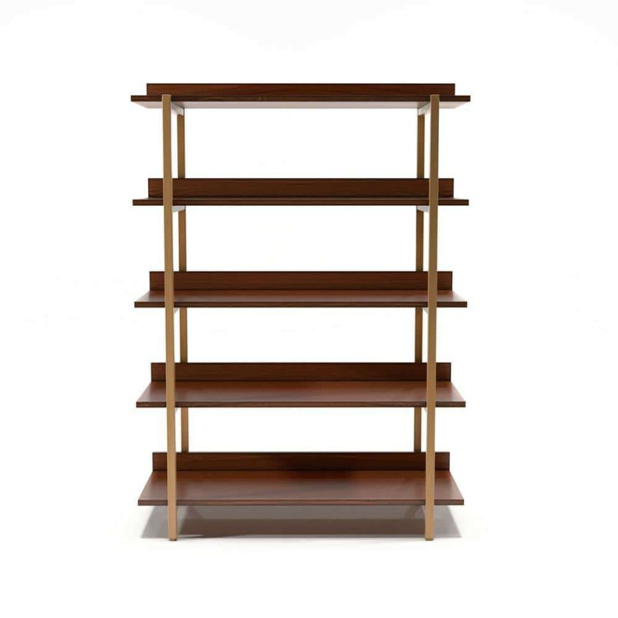 Home Office Furniture * | Genesis 56.75 In. H Light Walnut And Gold 5-Shelf Standard Bookcase By Furniture Of America