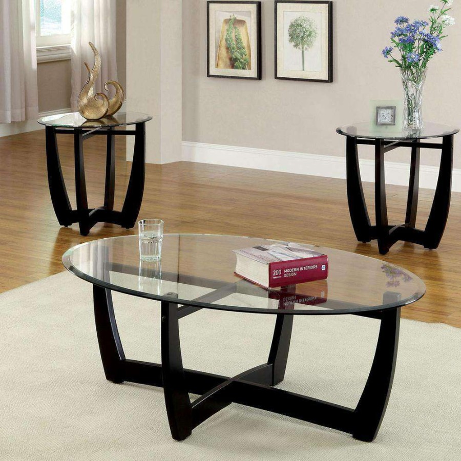 Living Room Furniture * | Arthur 3-Piece 30 In. Black/Clear Medium Oval Glass Coffee Table Set By Furniture Of America