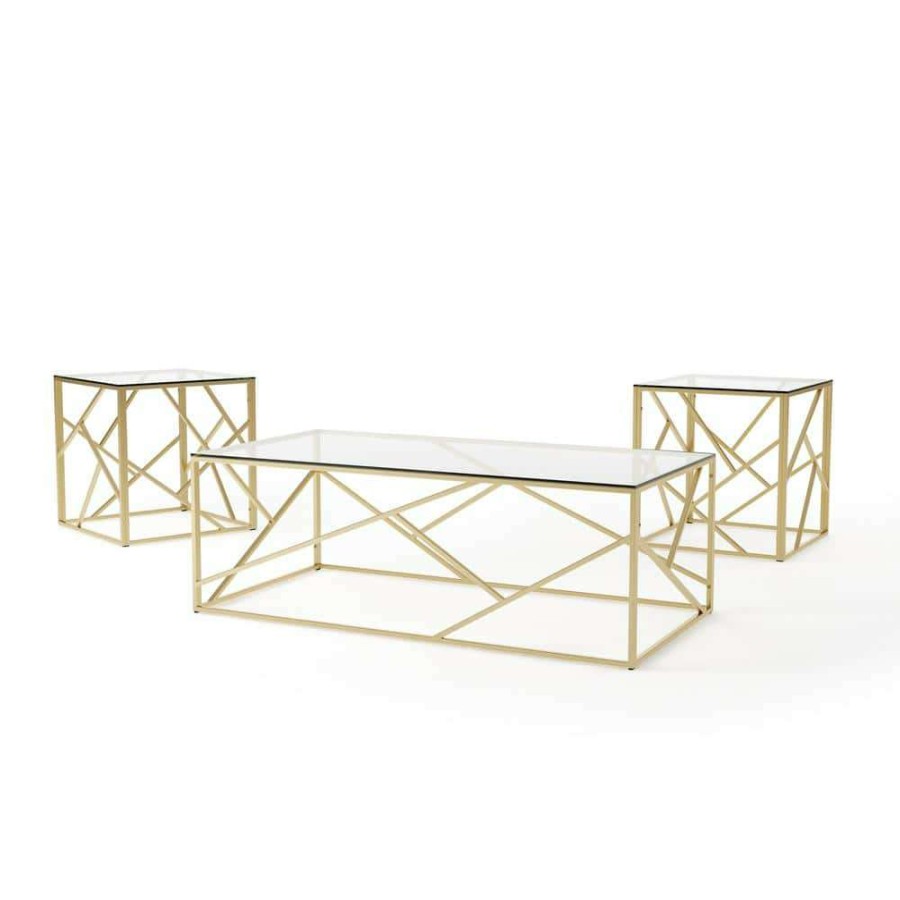 Living Room Furniture * | Ellestia 3-Piece 47.25 In. Champagne Rectangle Glass Coffee Table Set By Furniture Of America