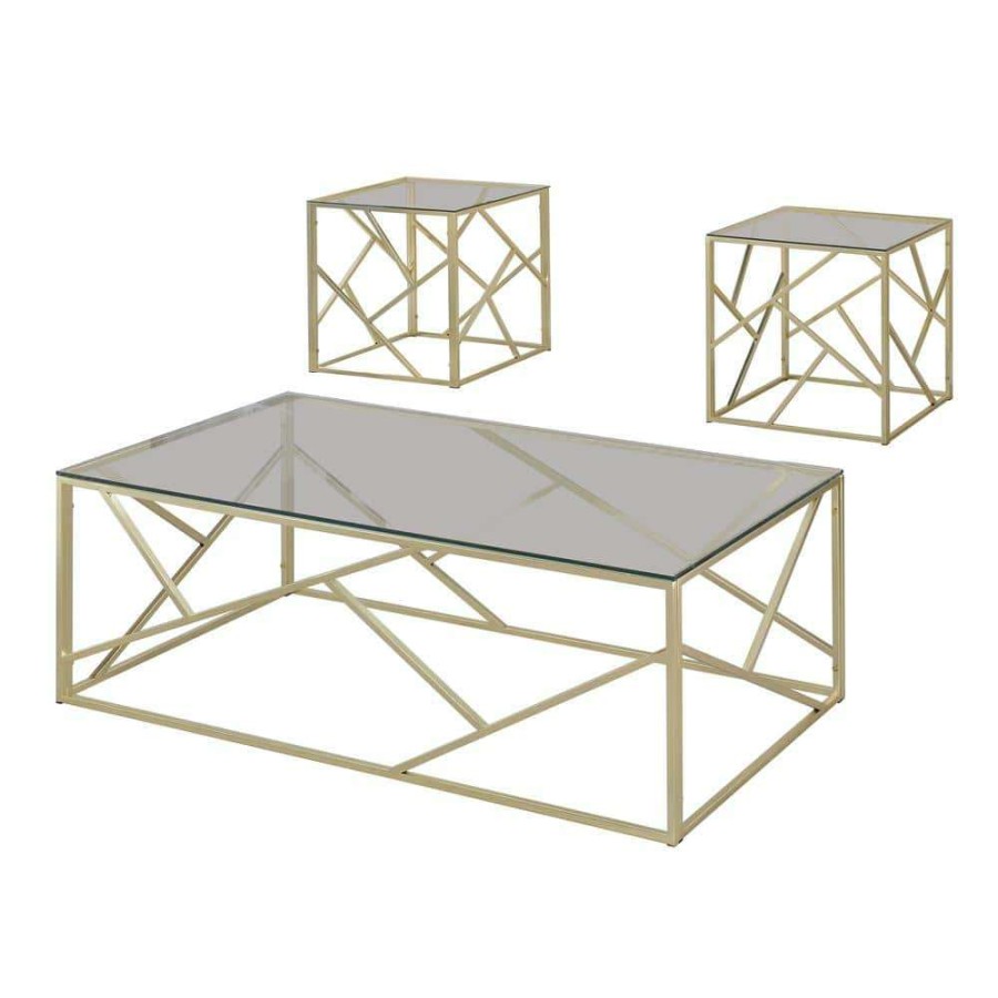 Living Room Furniture * | Ellestia 3-Piece 47.25 In. Champagne Rectangle Glass Coffee Table Set By Furniture Of America