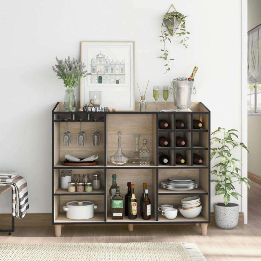 Kitchen & Dining Room Furniture * | Hoover Natural Oak Buffet Server With 9-Bottle Wine Rack By Furniture Of America