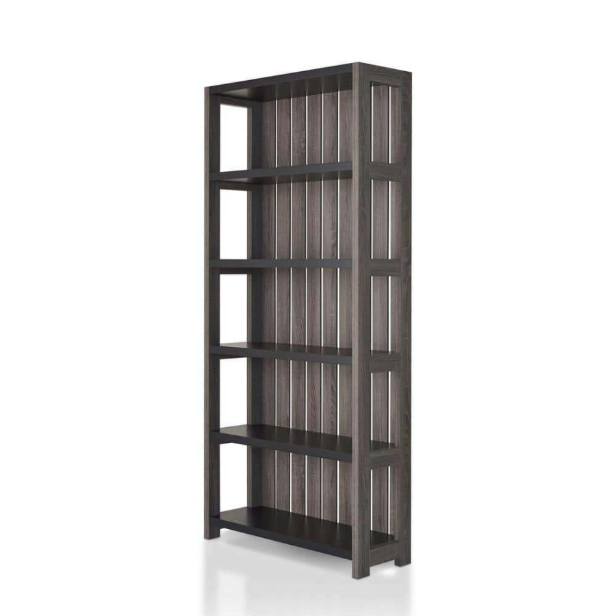 Home Office Furniture * | Wenoah 72 In. Distressed Gray/Black Wood 5-Shelf Standard Bookcase With Reclaimed Wood By Furniture Of America