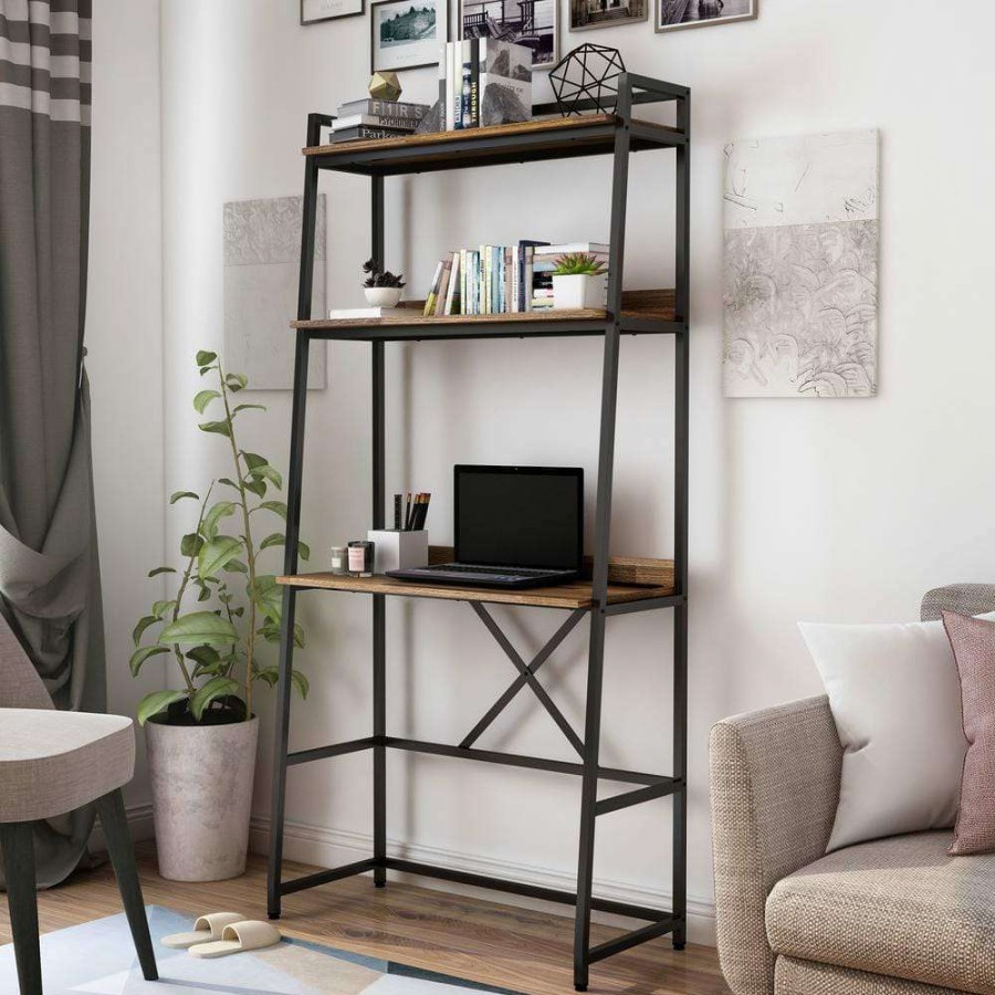 Home Office Furniture * | Sorvino 36 In. Matte Black Coating And Brown Writing Desk With Bookcase By Furniture Of America