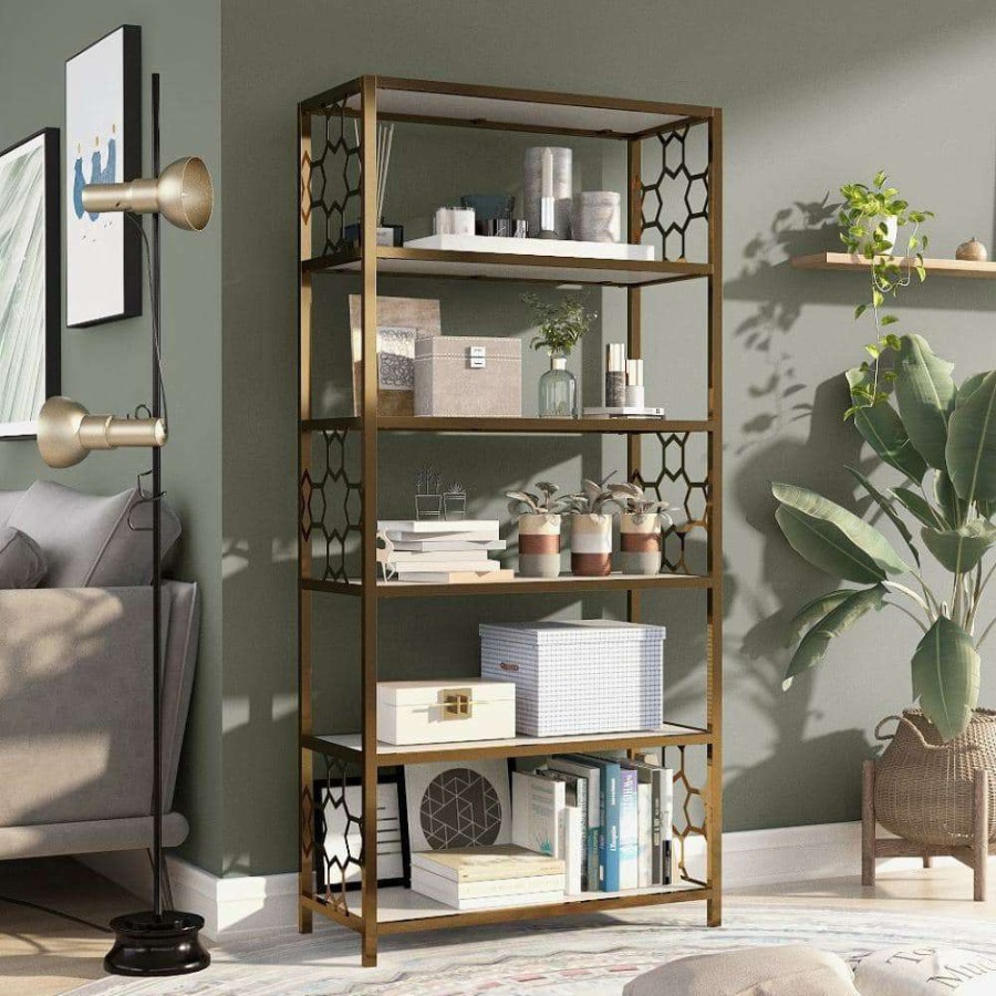 Home Office Furniture * | Randalls 63 In. Gold Coating And White Metal 5-Shelf Contemporary Standard Bookcase By Furniture Of America