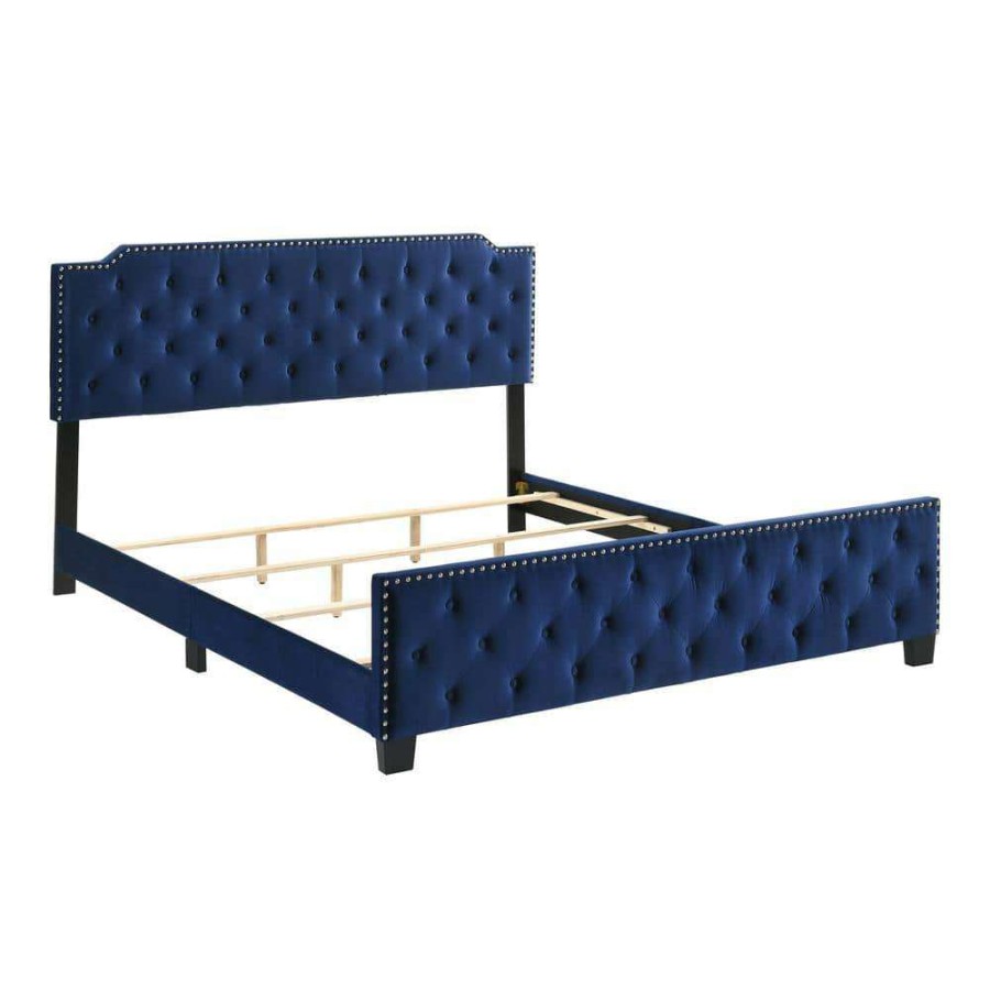 Bedroom Furniture * | Bernadetta 85 In. W Navy Blue Queen Fabric Frame Upholstered Platform Bed By Furniture Of America