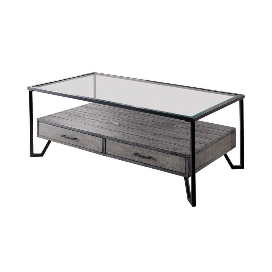 Living Room Furniture * | Vihaan 48 In. Gray/Black/Clear Large Rectangle Glass Coffee Table With Drawers By Furniture Of America