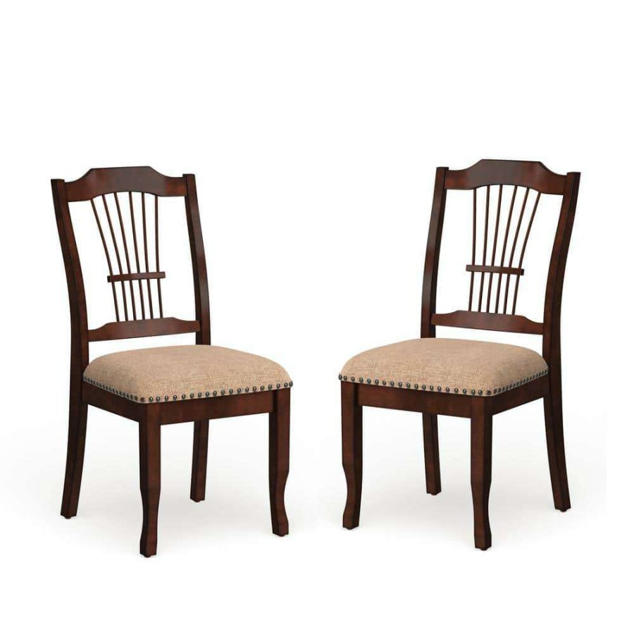 Kitchen & Dining Room Furniture * | Bennettsville Brown Cherry And Beige Wood Nailhead Dining Side Chairs (Set Of 2) By Furniture Of America