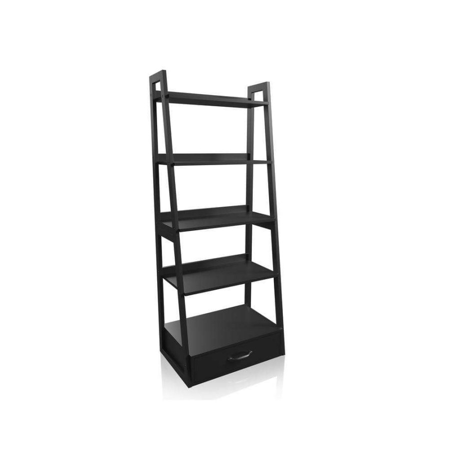 Home Office Furniture * | 64 In. Black Wood 5-Shelf Ladder Bookcase With Drawers By Furniture Of America