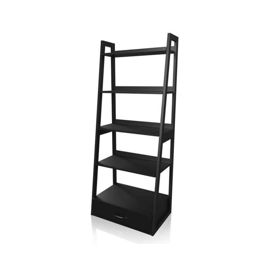 Home Office Furniture * | 64 In. Black Wood 5-Shelf Ladder Bookcase With Drawers By Furniture Of America