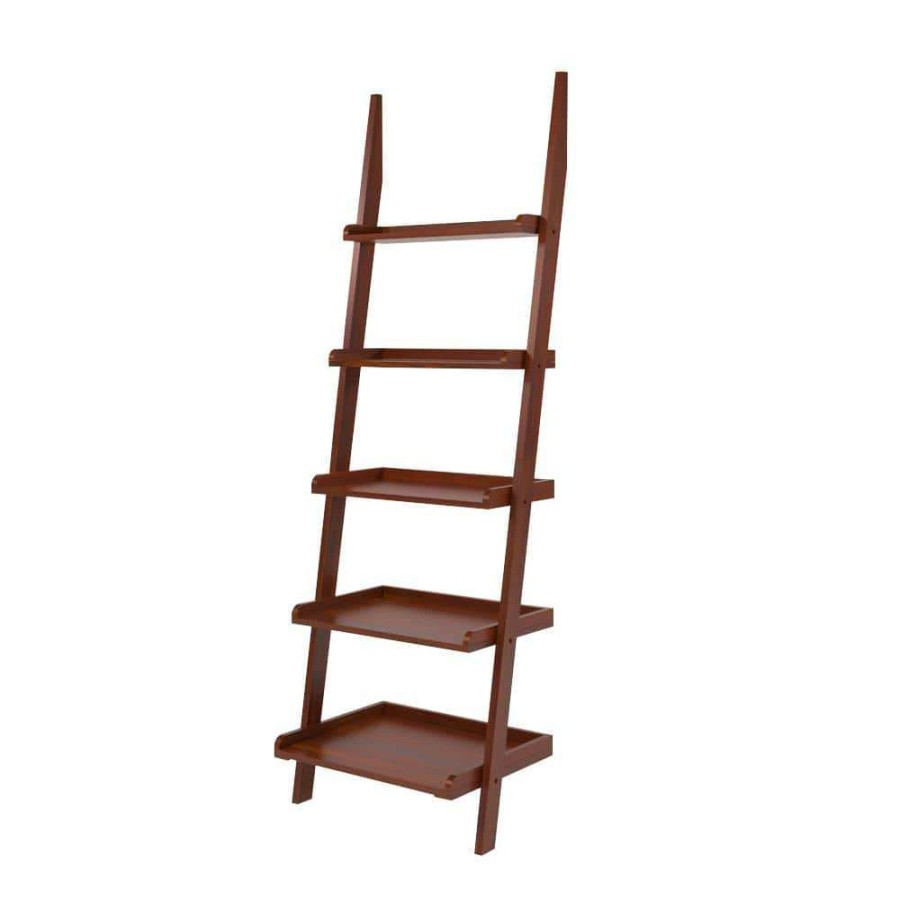 Home Office Furniture * | Zoeah 74.75 In. Cherry Wood 5-Shelf Ladder Bookcase By Furniture Of America