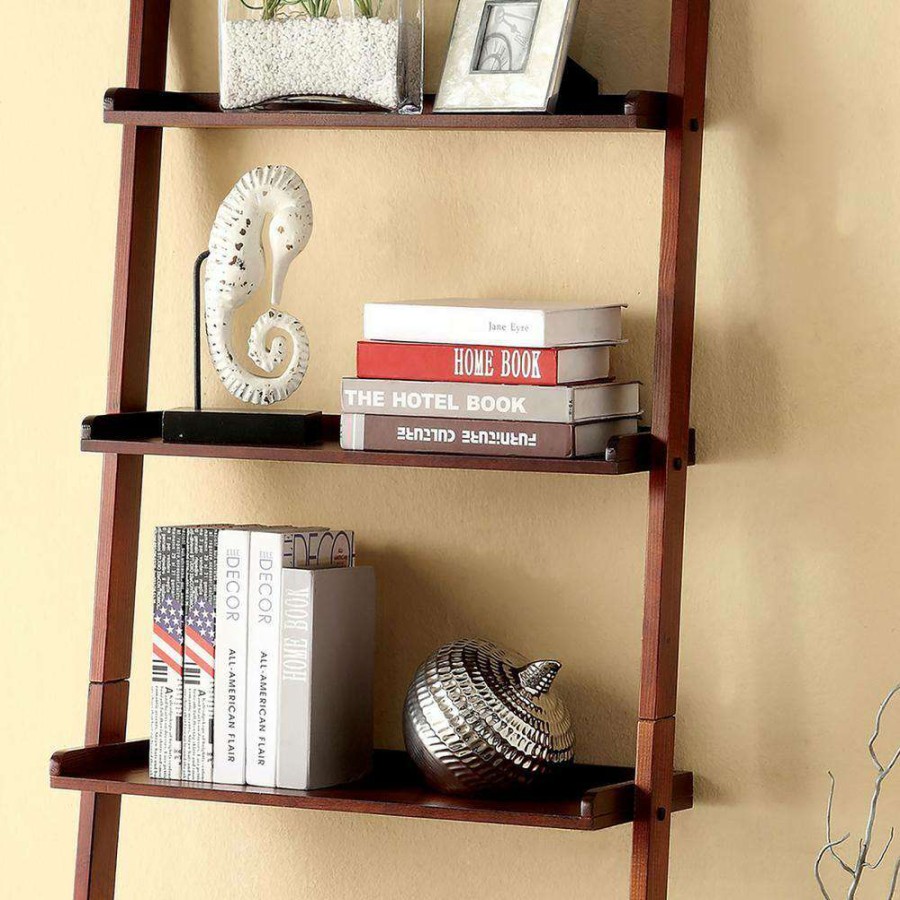 Home Office Furniture * | Zoeah 74.75 In. Cherry Wood 5-Shelf Ladder Bookcase By Furniture Of America