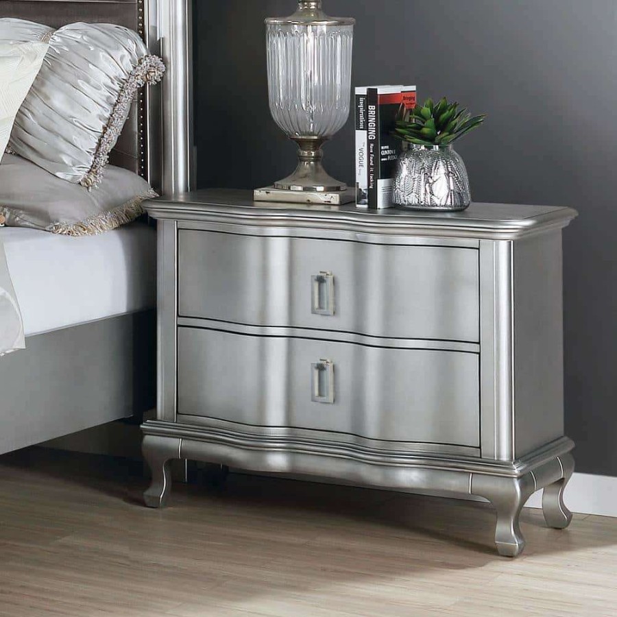 Bedroom Furniture * | Lorenna 2-Drawer Silver Nightstand By Furniture Of America