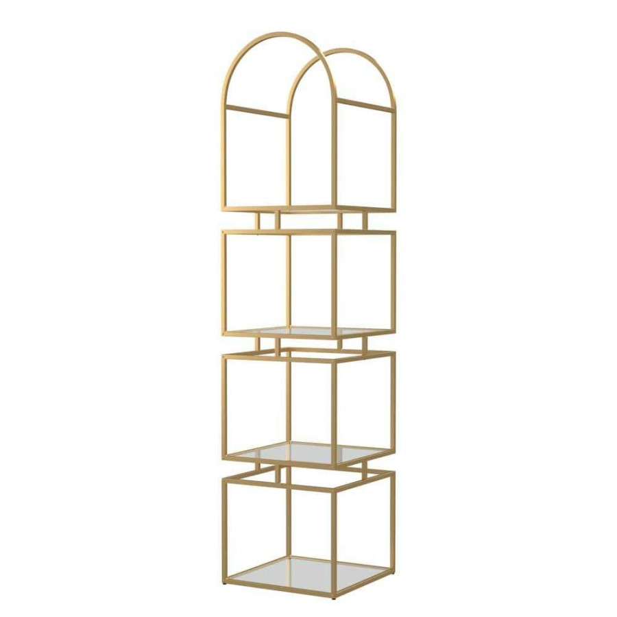 Home Office Furniture * | Staski 81.25 In. Gold Coating Metal 4-Shelf Bookcase With Glass Shelves By Furniture Of America