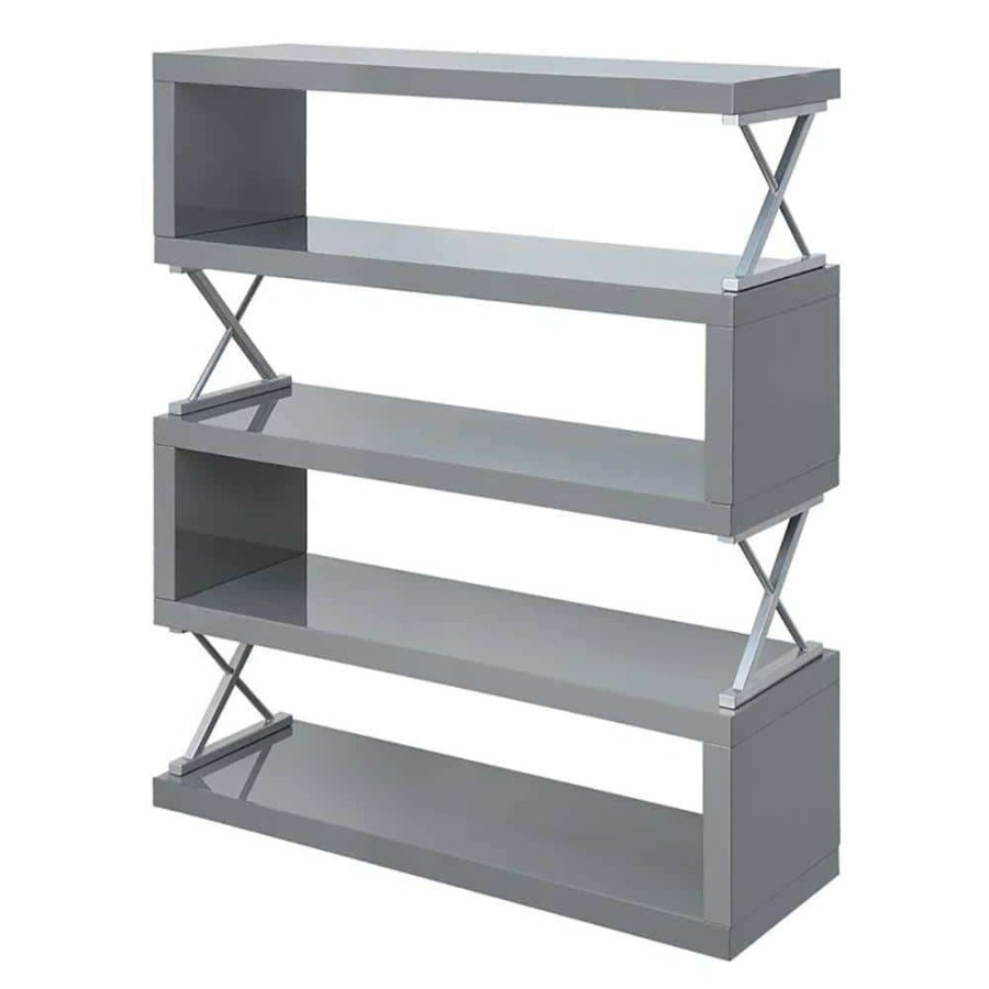 Home Office Furniture * | Wacca 54 In. Glossy Gray Wood 5-Shelf Standard Bookcase By Furniture Of America