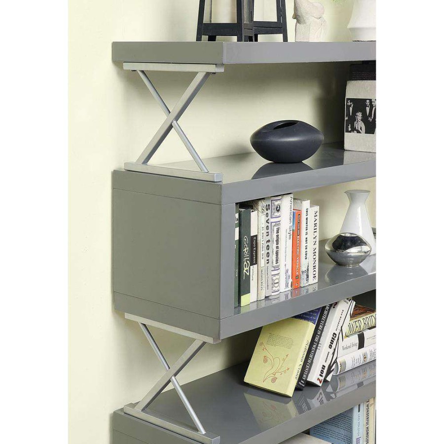 Home Office Furniture * | Wacca 54 In. Glossy Gray Wood 5-Shelf Standard Bookcase By Furniture Of America