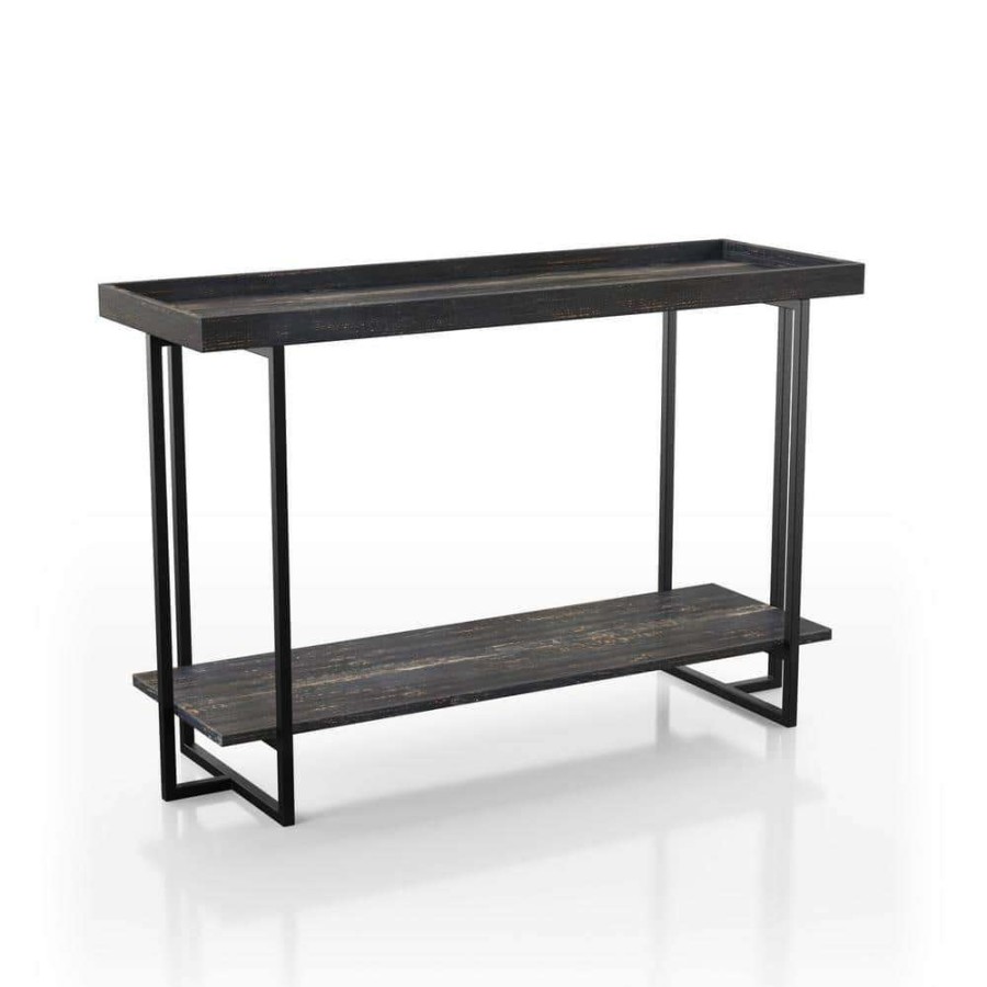 Living Room Furniture * | Bonte 48 In. Rustic Black Standard Rectangle Console Table With Shelf By Furniture Of America