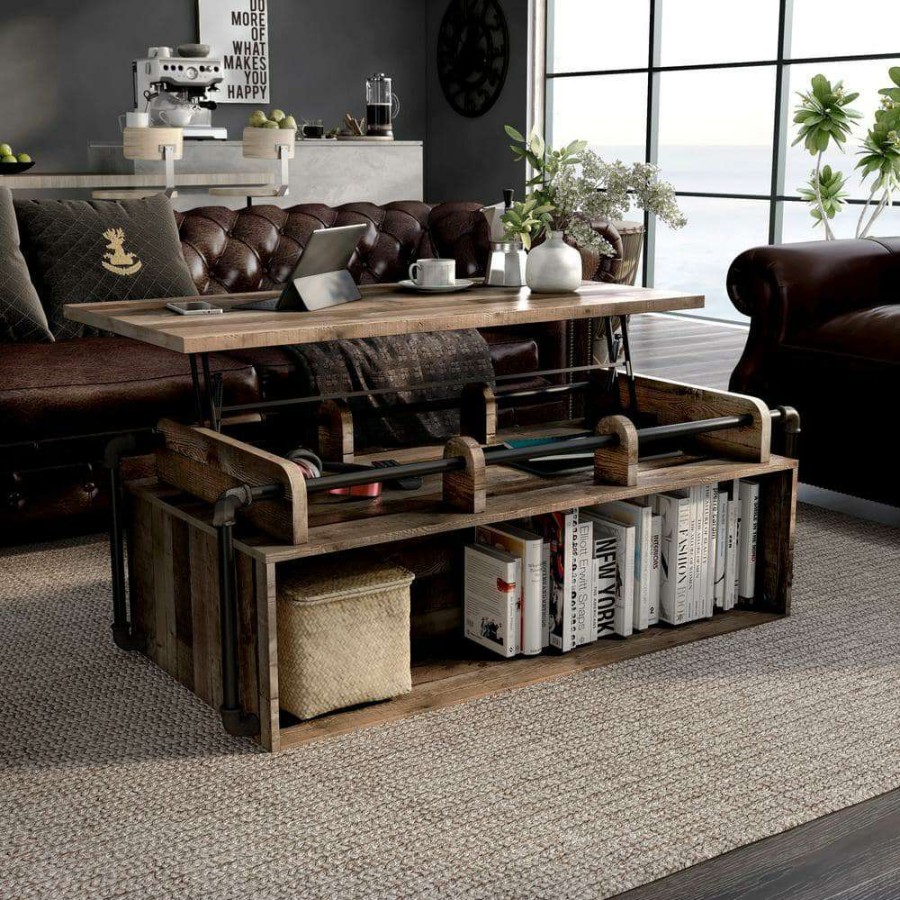 Living Room Furniture * | Beah 52 In. Reclaimed Barnwood Large Rectangle Wood Coffee Table With Lift Top By Furniture Of America