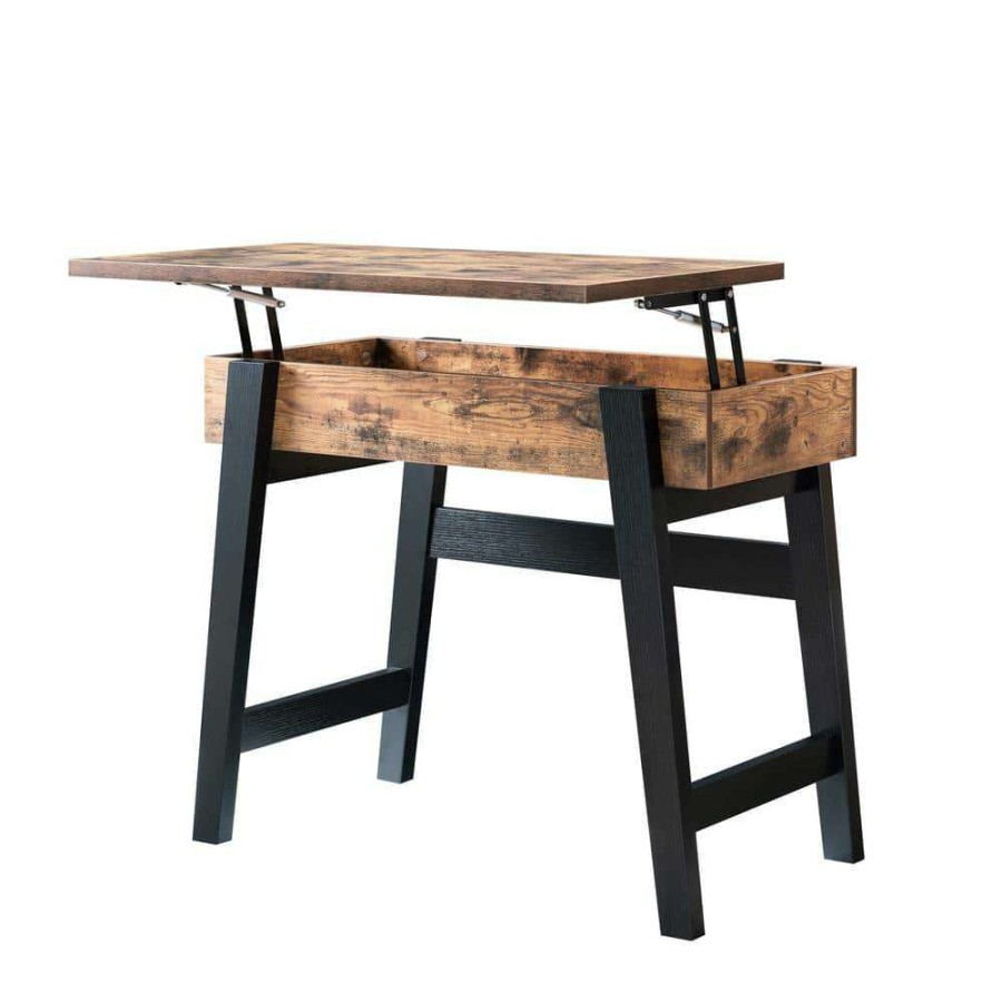 Living Room Furniture * | Kelli 36 In. Distressed Wood And Black Standard Rectangle Wood Console Table With Lift Top By Furniture Of America