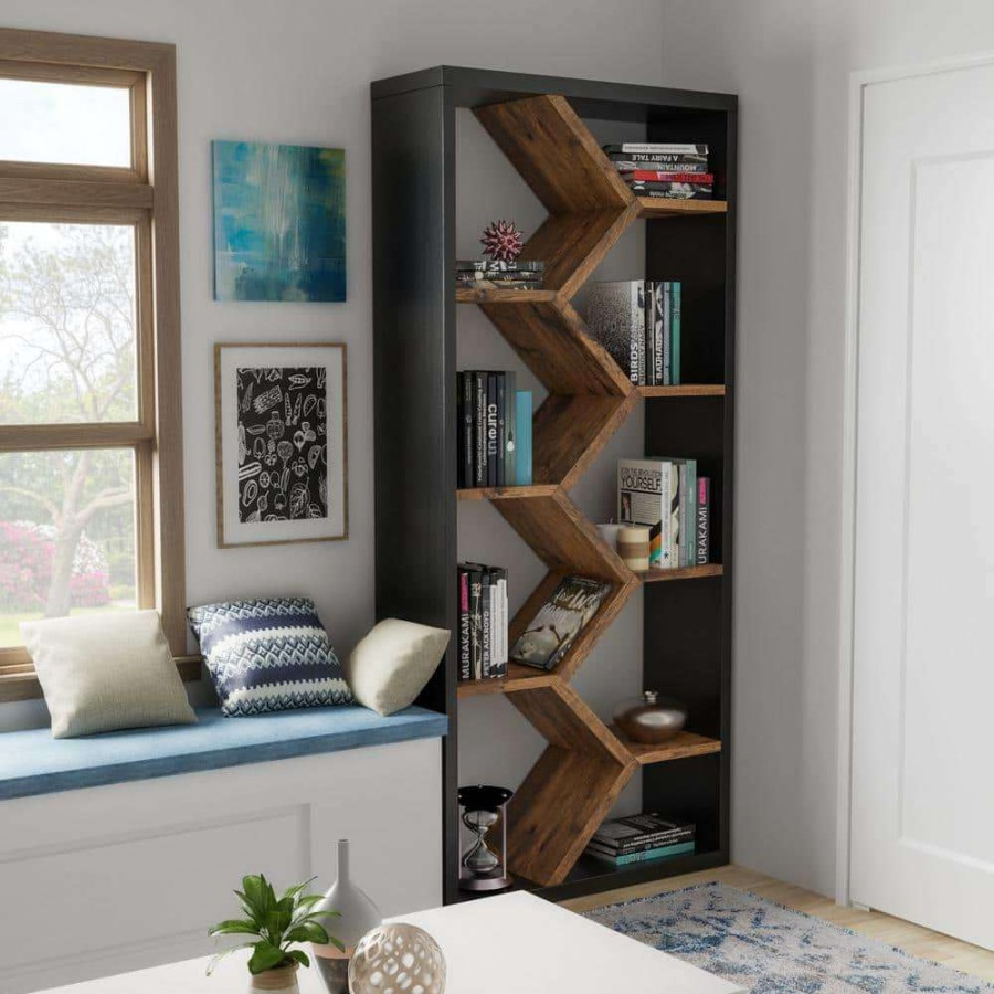 Home Office Furniture * | Greta 69 In. Black/Dark Walnut Faux Wood 9-Shelf Cube Bookcase With Geometric Design By Furniture Of America