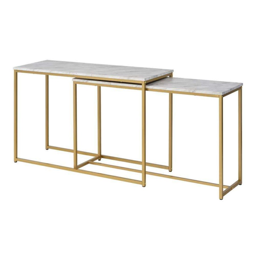 Living Room Furniture * | Auror 47.25 In. Gold Coating And White Rectangle Faux Marble Nesting Console Table (Set Of 2) By Furniture Of America