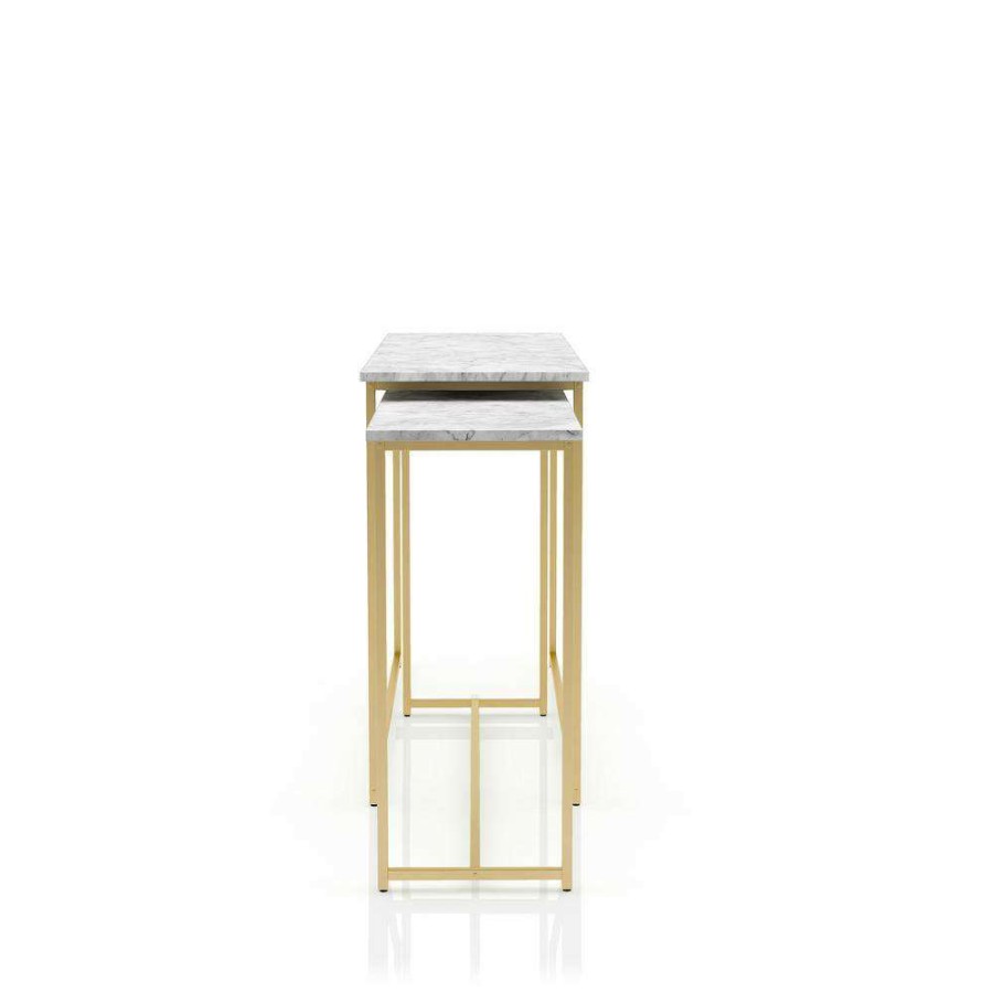 Living Room Furniture * | Auror 47.25 In. Gold Coating And White Rectangle Faux Marble Nesting Console Table (Set Of 2) By Furniture Of America