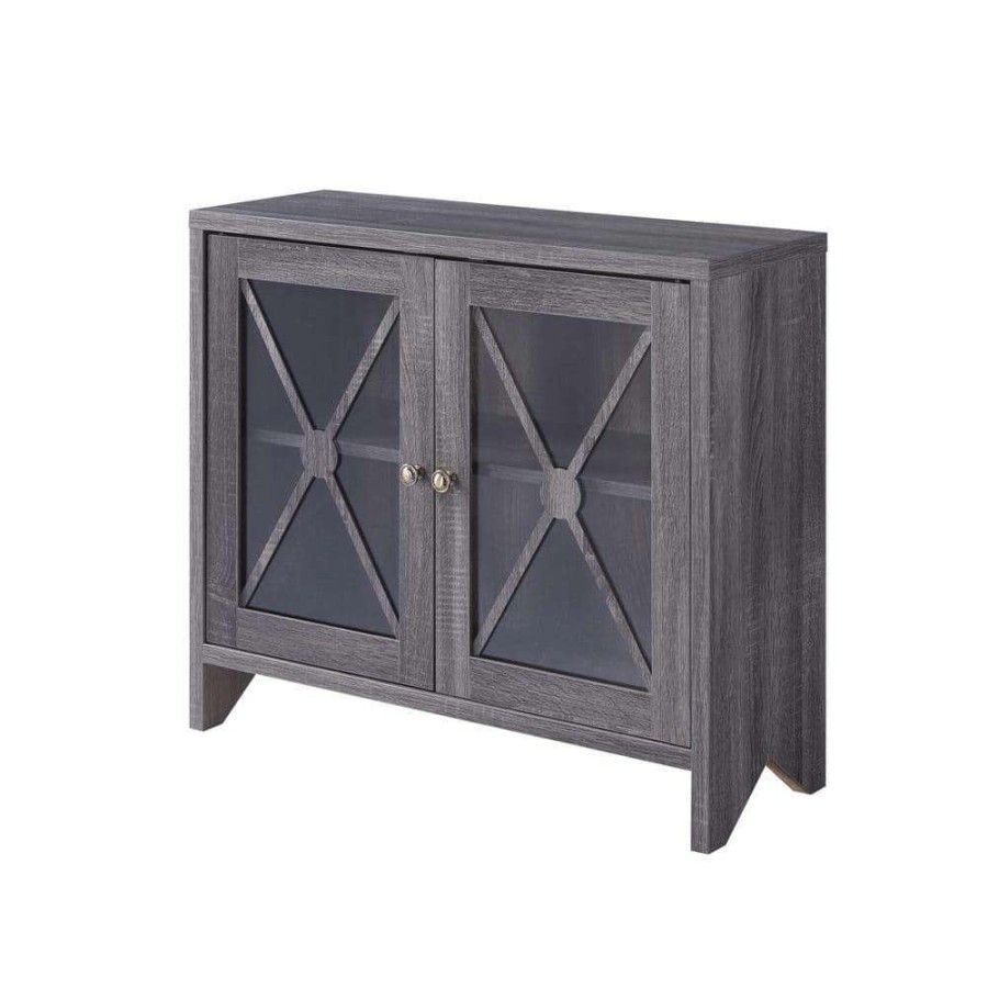 Living Room Furniture * | Carden Distressed Gray Accent Storage Cabinet With Glass Window-Panel Doors By Furniture Of America