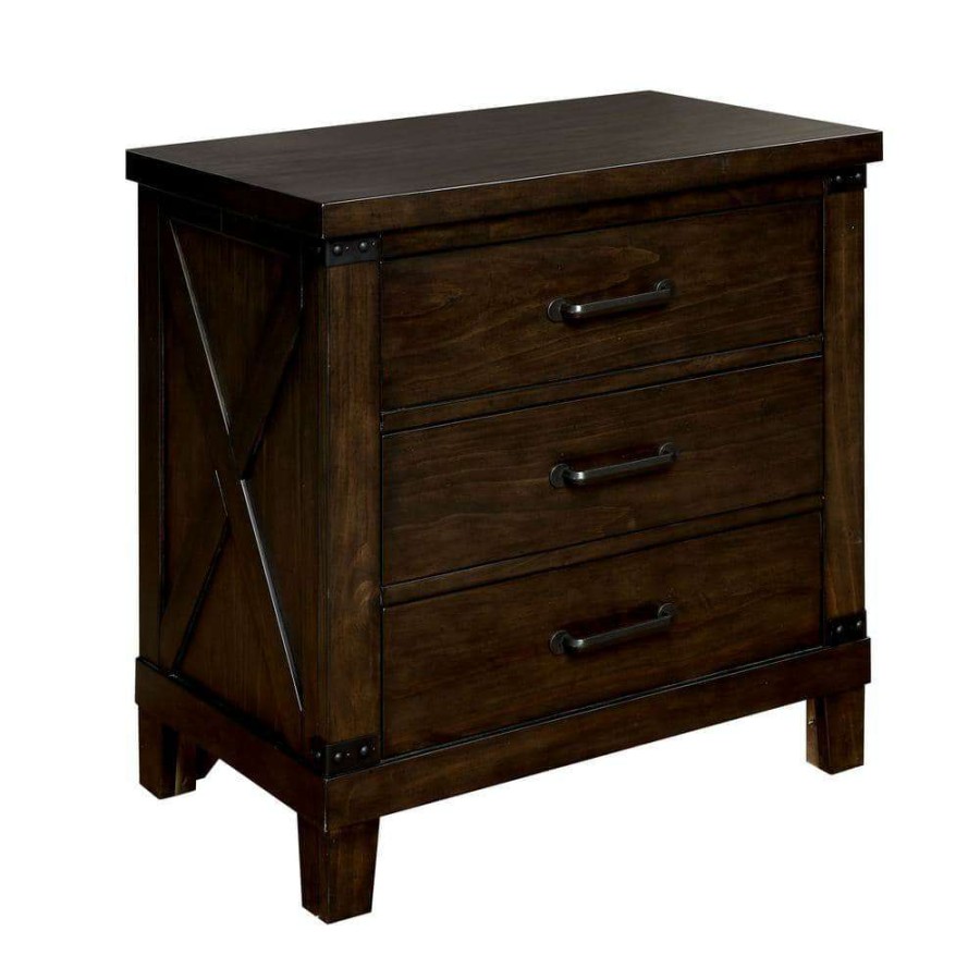 Bedroom Furniture * | Paddie 3-Drawer Dark Walnut Nightstand (28 In. H X 28 In. W X 16.75 In. D) By Furniture Of America