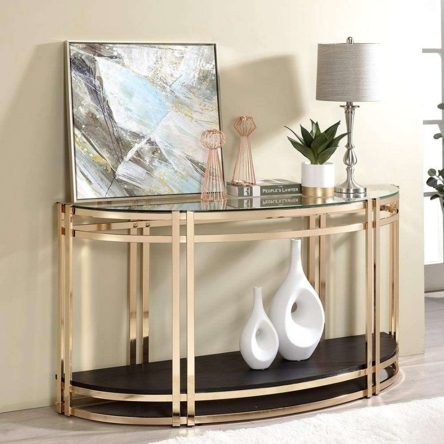 Living Room Furniture * | Upperco 56.63 In. Gold Plating And Black Glass Top Console Table By Furniture Of America