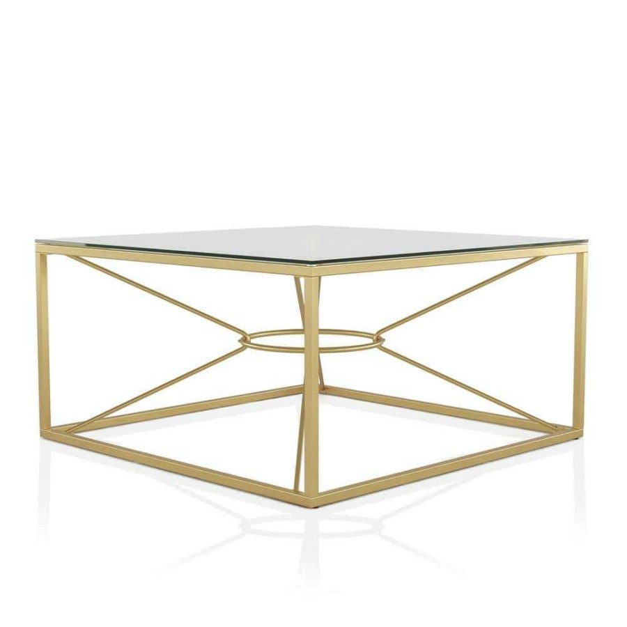 Living Room Furniture * | Karrey 35 .78 In. Gold Coating And Clear Square Glass Top Coffee Table By Furniture Of America